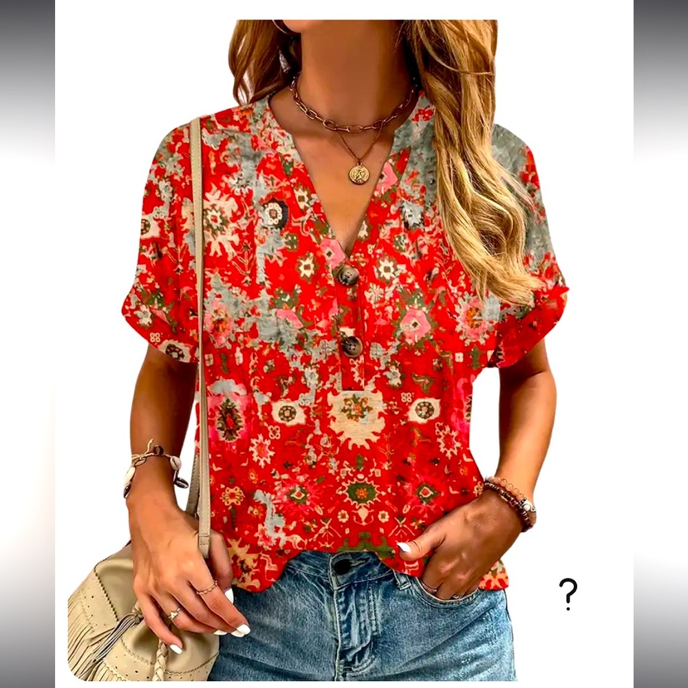 Camisa Red & Light gray  Boho Medallion Button-Accent V-Neck Top Size M